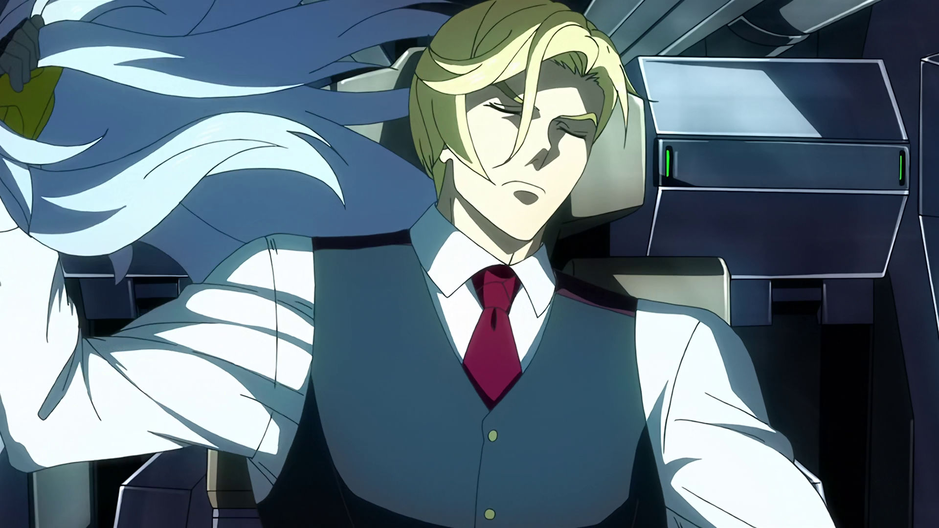 McGillis revealing his face behind the Montag mask, he is inside a mobile suit cockpit.