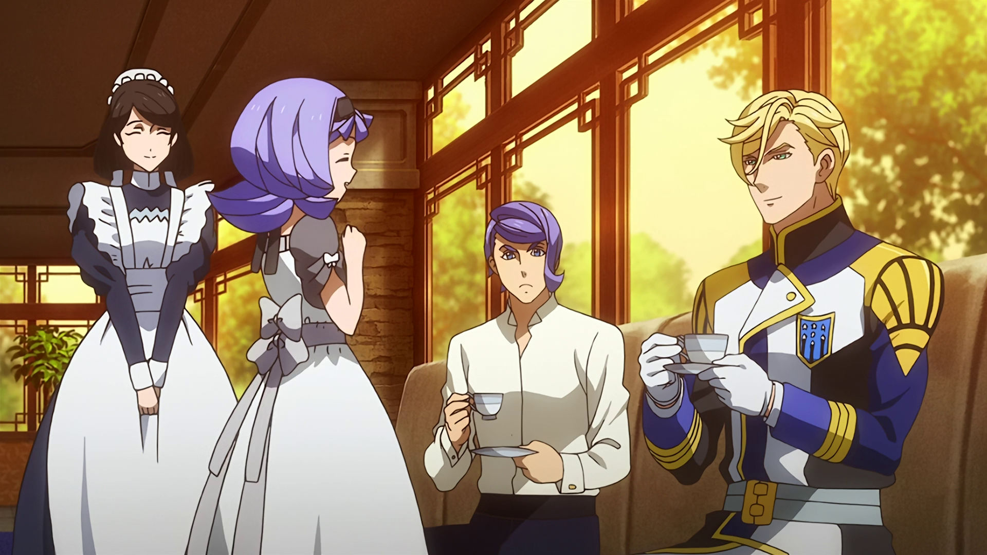 McGillis and Gaelio sitting down drinking tea while Almiria is happily talking to McGillis