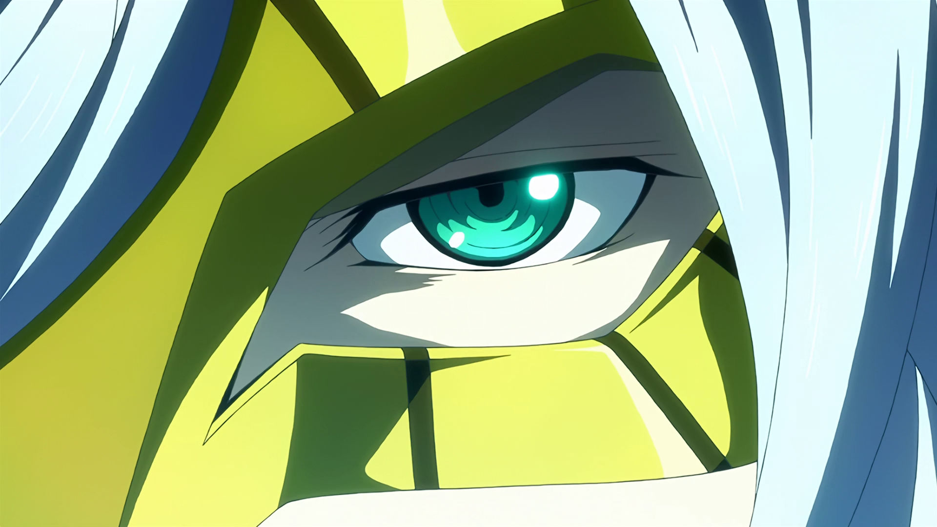 Closeup of McGillis left eye behind the Montag mask