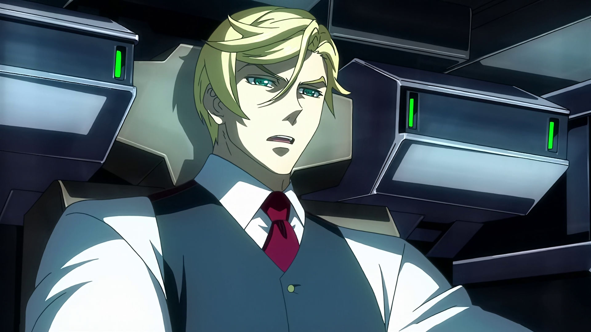 McGillis inside a mobile suit cockpit.