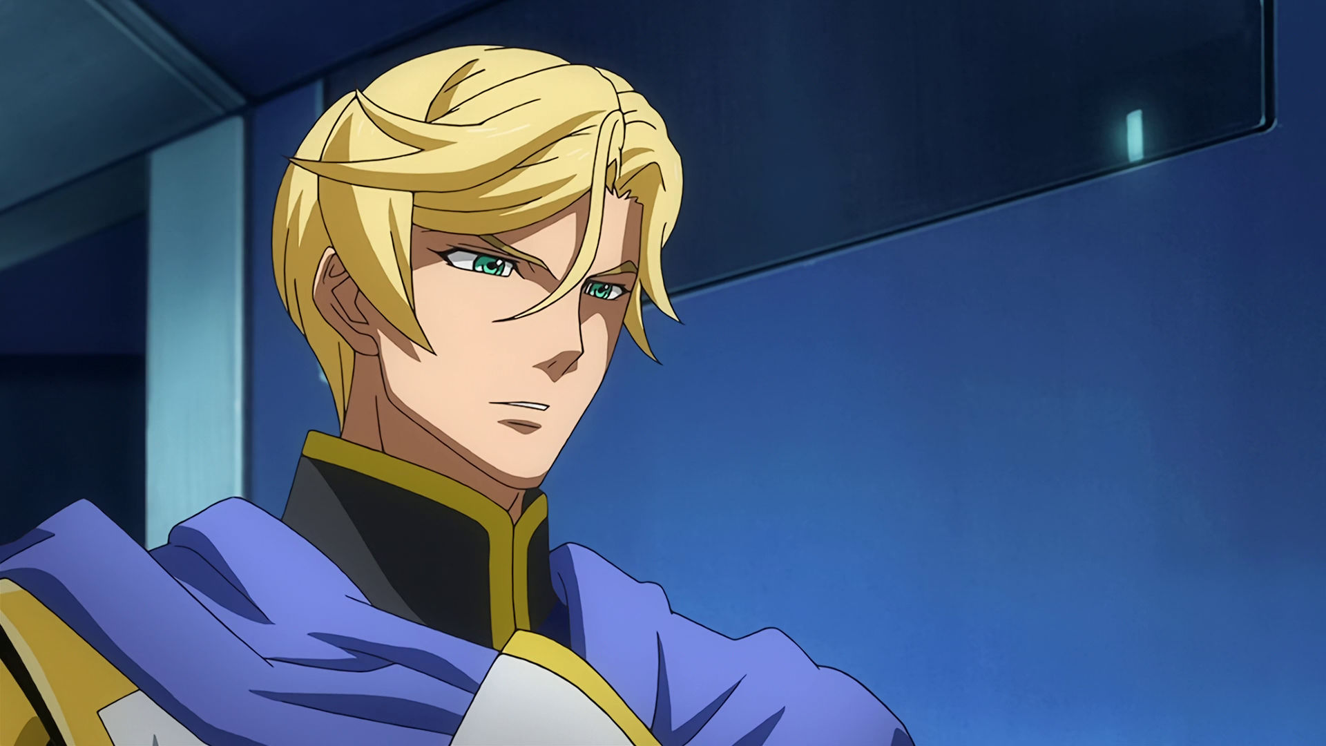McGillis inside a room with metalic blue walls, he is wearing his Gjallarhorn uniform