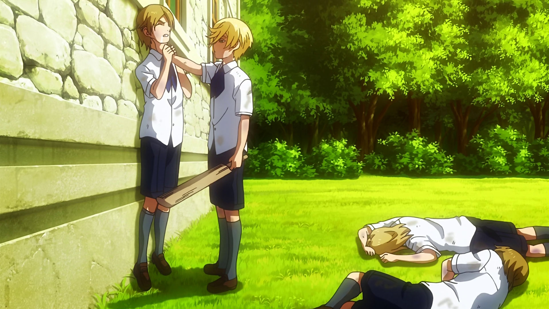 A young McGillis holding a boy by his neck in one hand and holding a cricket bat in the other while two other kids are laying down on the ground.