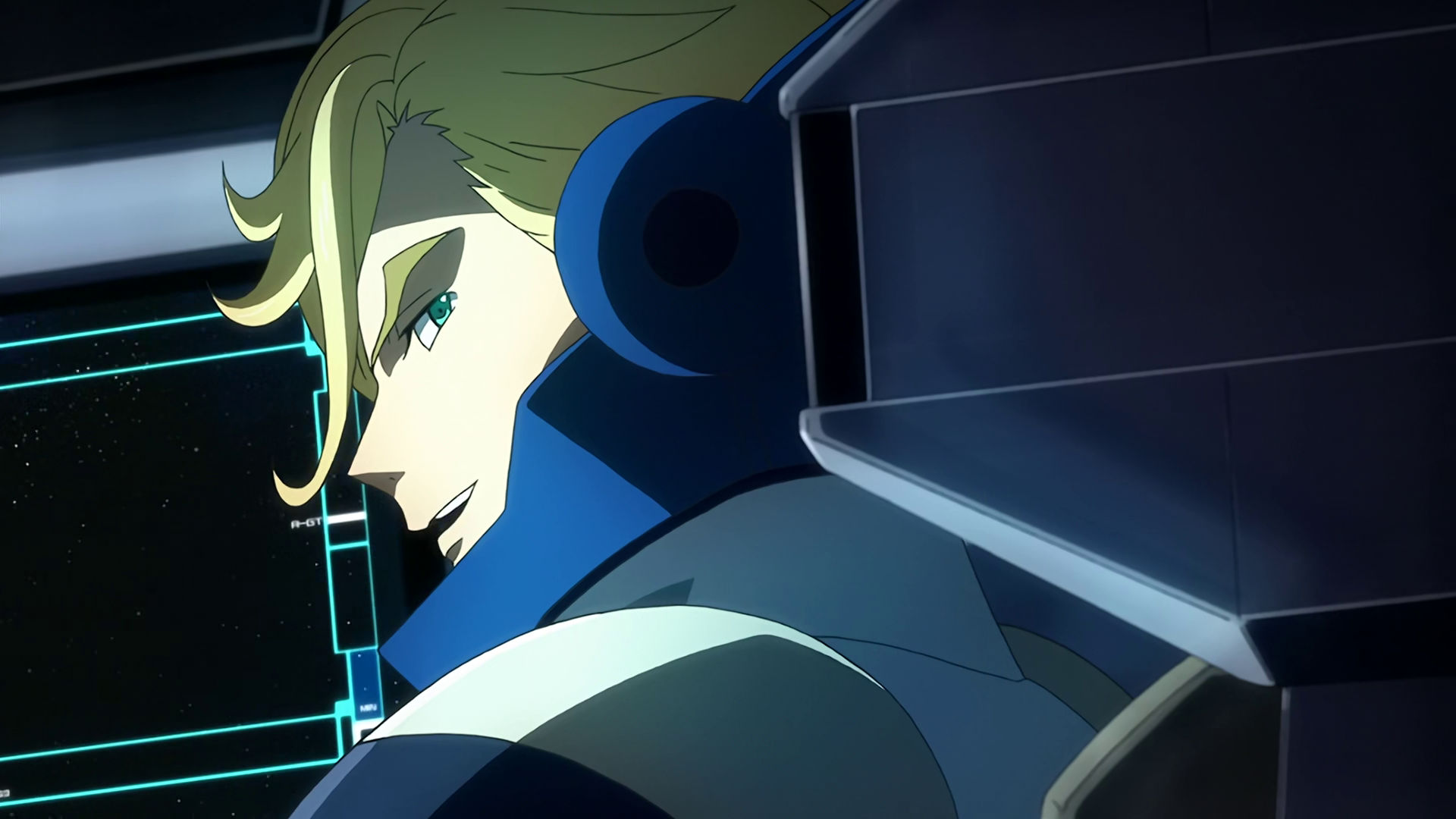 McGillis looking behind, he is inside a mobile suit cockpit wearing a pilot normal suit, he's smiling