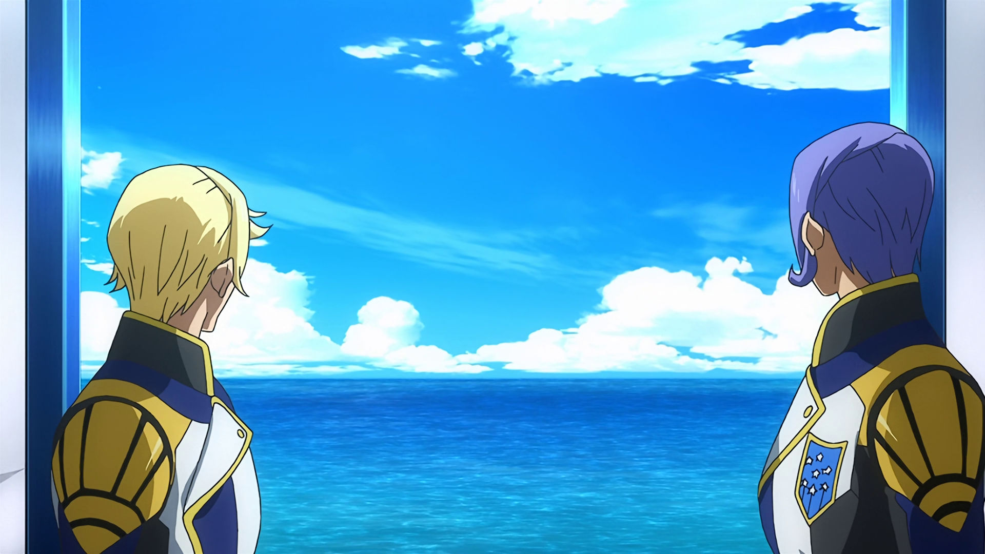 McGillis and Gaelio looking at the sea through a window.