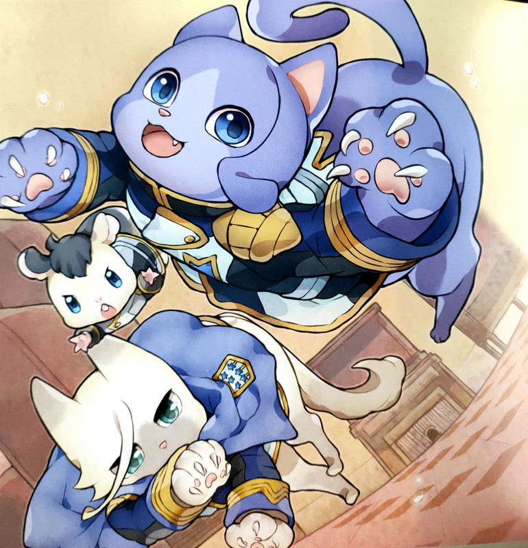 Gaelio, McGillis and Ein jumping at the screen, McGillis is a white cat, Gaelio is a blue cat, and Ein is a white hamster with a black tuff on his head, they're all wearing Gjallarhorn clothes