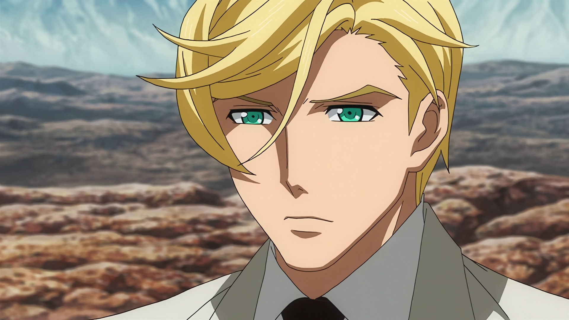 A closeup of McGillis' face on Mars, he's wearing an off-white suit