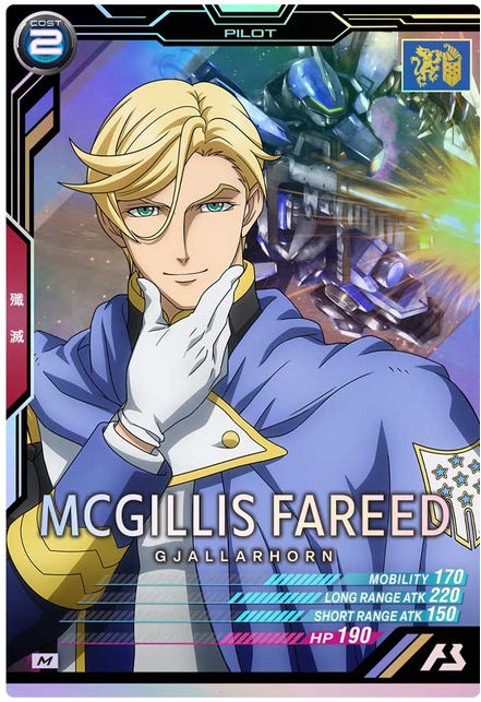 A photo of the Gundam Arsenal card for McGillis Fareed who is has a hand on his chin, behind him is his Schwalbe Graze