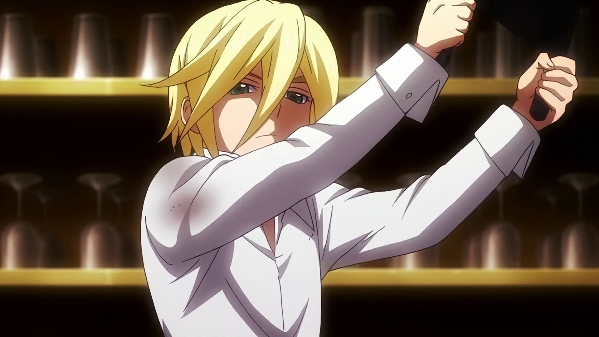 Young McGillis wearing dirty clothes about to swing a wooden chair