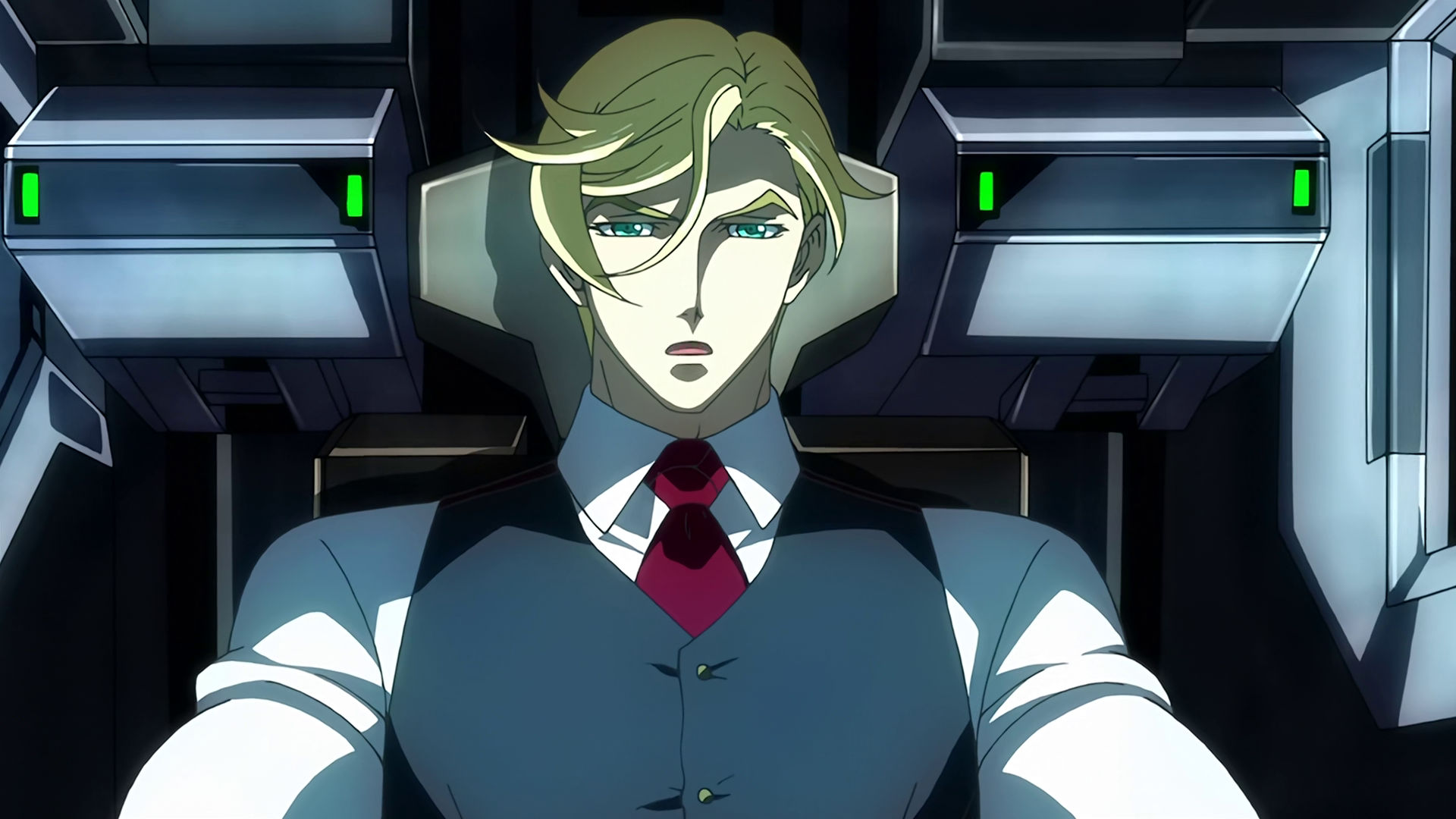 McGillis inside a mobile suit cockpit.