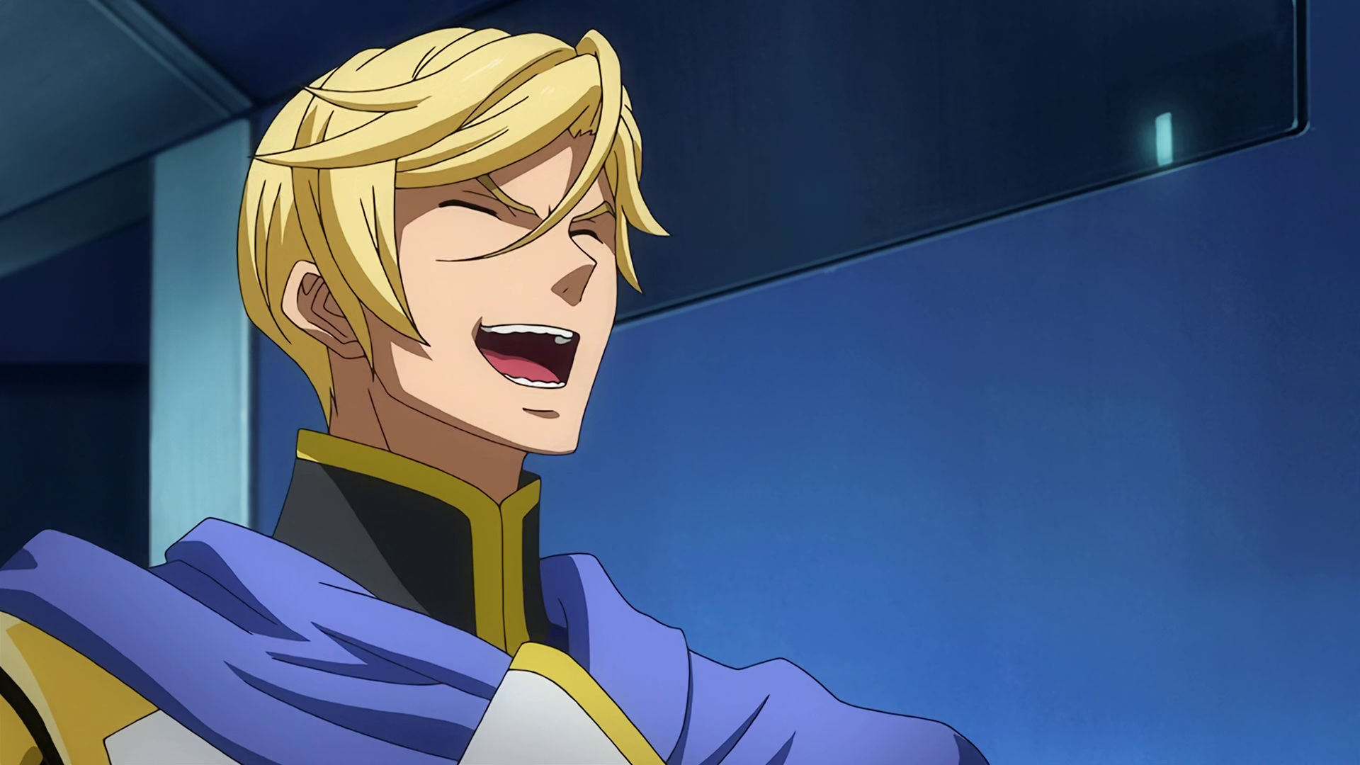 McGillis inside a room with metalic blue walls, he is wearing his Gjallarhorn uniform, he's laughing 