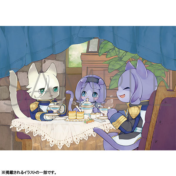 McGillis, Almiria and Gaelio as cats drinking tea and eating biscuits shaped like cats.