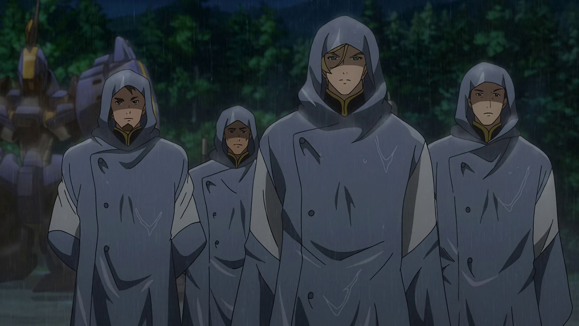 McGillis and 3 other Gjallarhorn soldiers wearing wearing rain coats in the rain