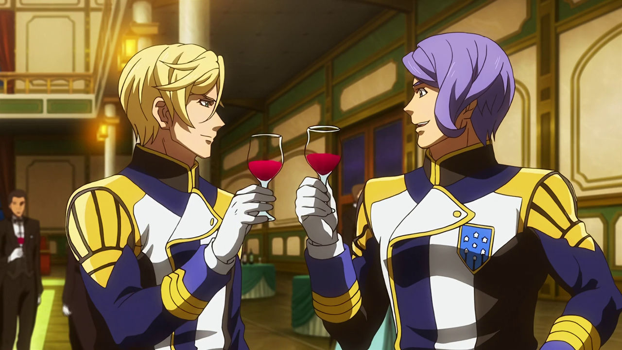 McGillis and Gaelio at a fancy party looking at each other about to toast a glass of wine