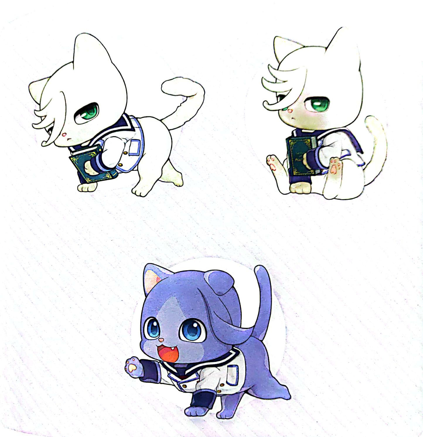 Three images of: 
1st: Baby cat McGillis walking holding a book.
2nd: Baby cat McGillis sitting down holding a book.
3rd: Baby cat Gaelio walking holding and smiling.