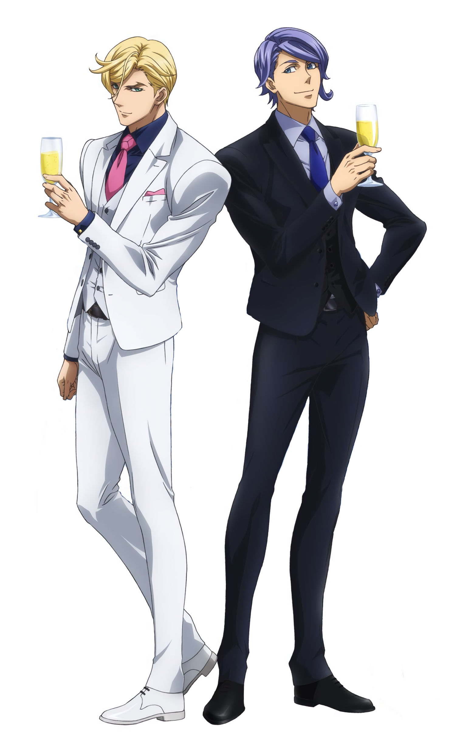 McGillis wearing a white suit drinking champagne besides Gaelio who is wearing a black suit and also drinking Champagne.
