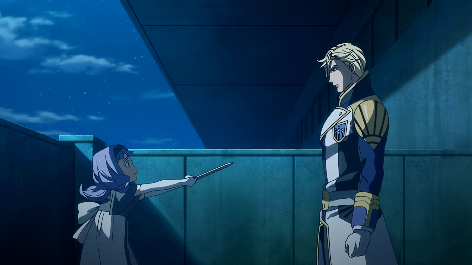 A scared Almiria pointing a knife towards McGillis who is just standing still looking at her