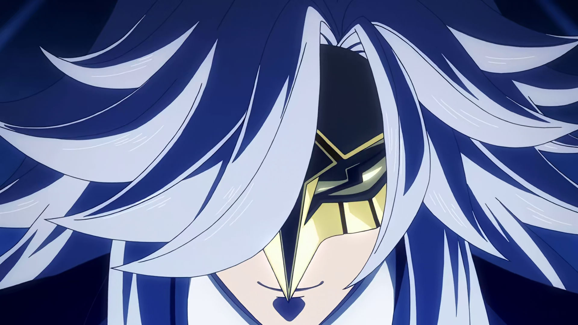 McGillis wearing a golden mask with long gray hair, his eyes are hidden by the mask. 