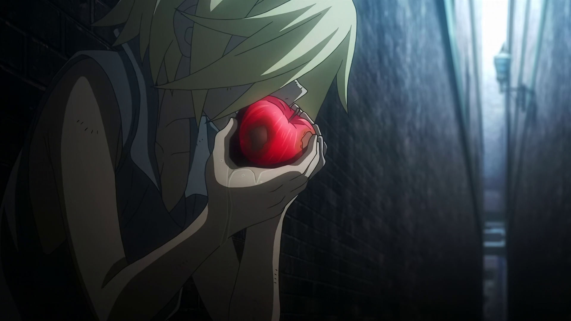 A young McGillis eating a rotten apple in a dark alley