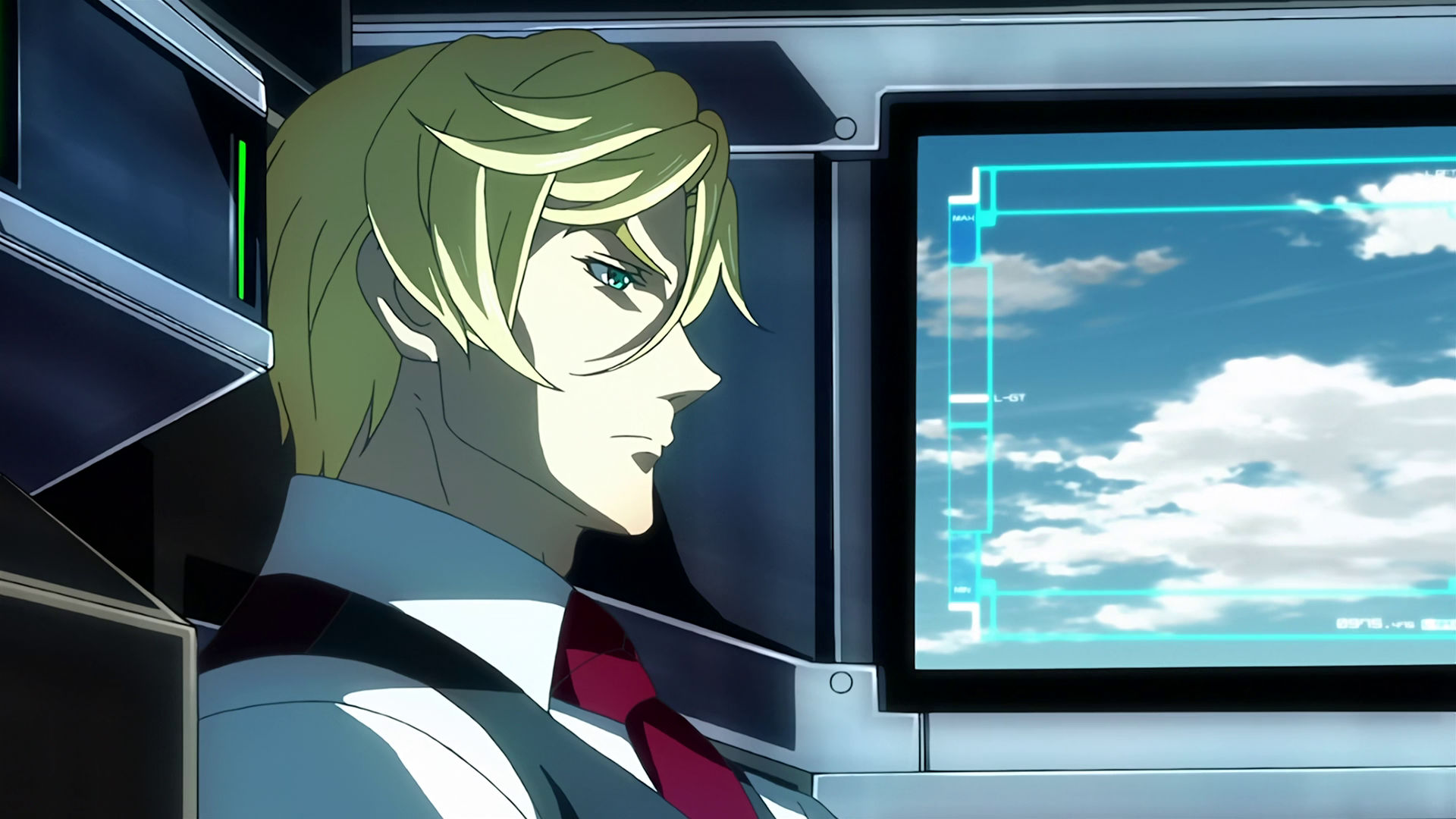 Side view of McGillis inside a mobile suit cockpit.