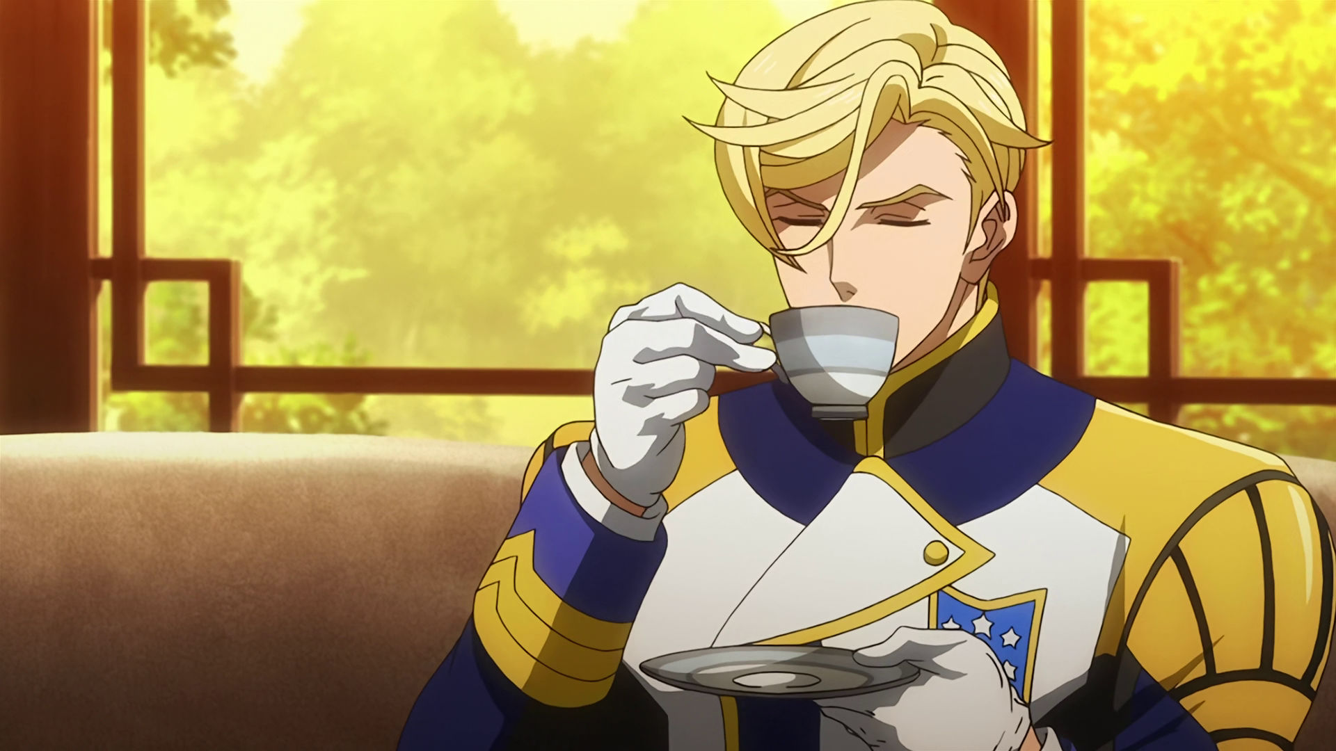 McGillis drinking tea, his eyes are closed.