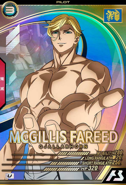 A photo of the Gundam Arsenal card for McGillis Fareed who is shirtless holding his hand towards the viewer 