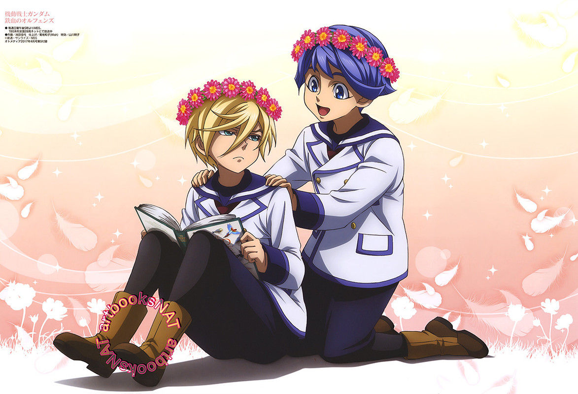 McGillis and Gaelio as children, McGillis is sitting down trying to read a book while Gaelio is playfully holding his shoulders, they are both wearing flower crowns
