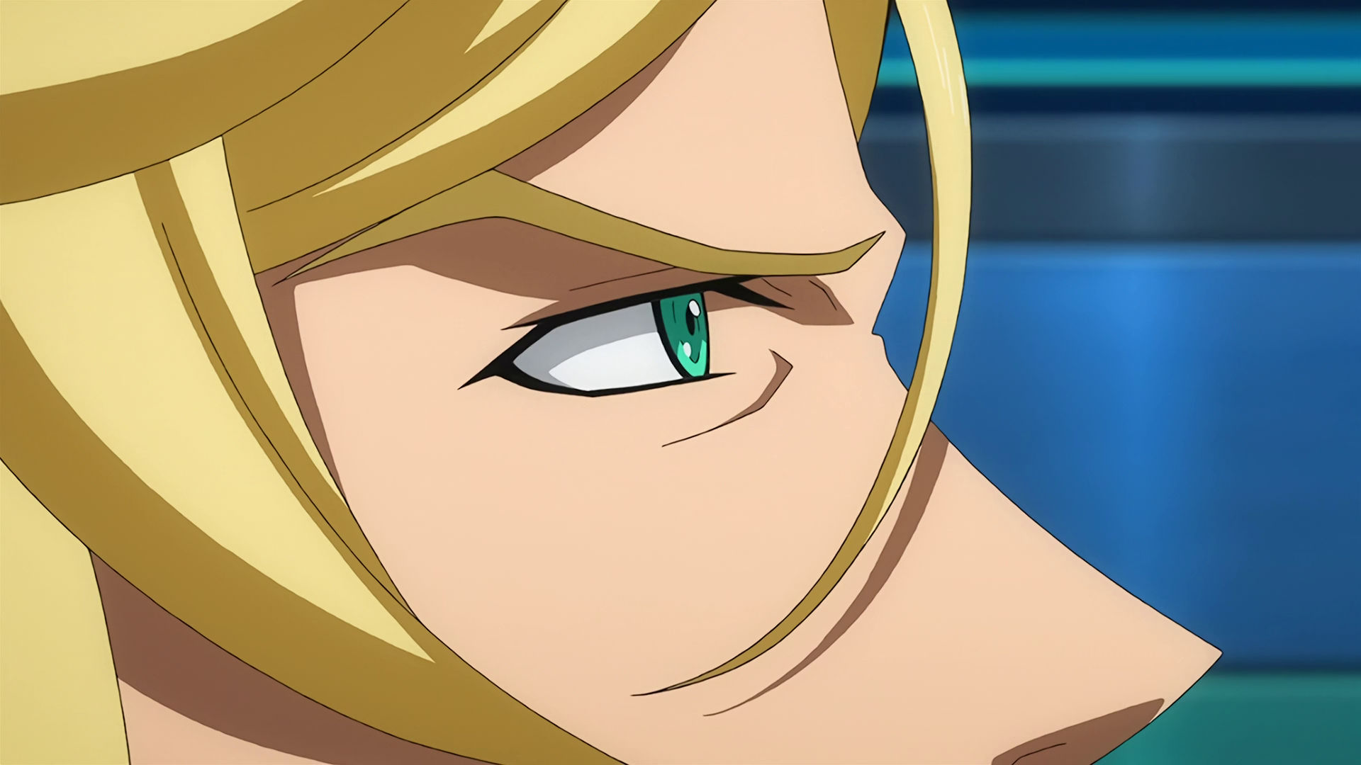 A side-view closeup of McGillis' eyes, he looks serious 