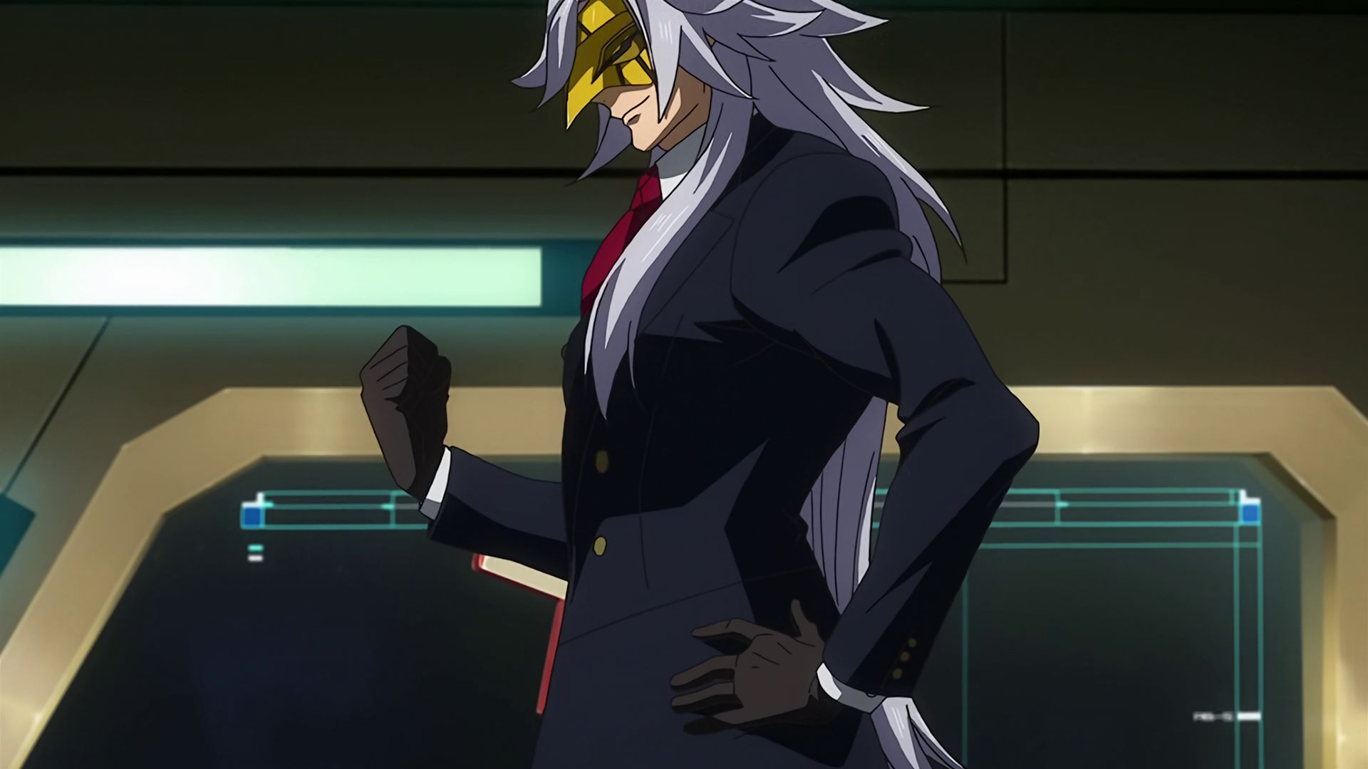 McGillis dressed as Montag with a hand on his hip and the other in a closed fist