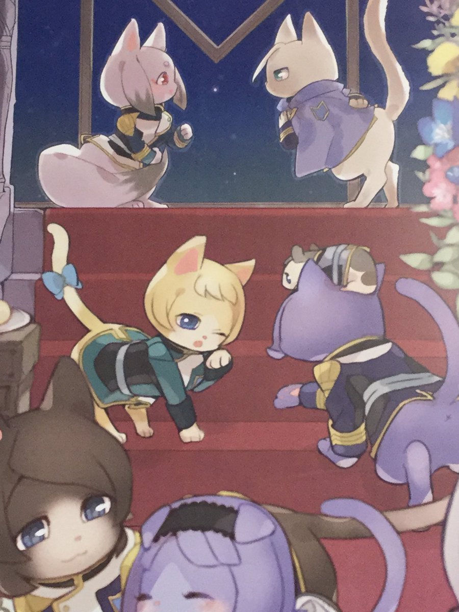 Image showing the Gjallarhorn cats on a set of stairs, at the top of the stairs is cat McGillis talking to cat Carta and, at the middle of the stairs cat Gaelio (with Hamster Ein on top of his head) is talking to cat Julieta, and the bottom of the stairs cat Almiria is being accompanied by cat Isurugi