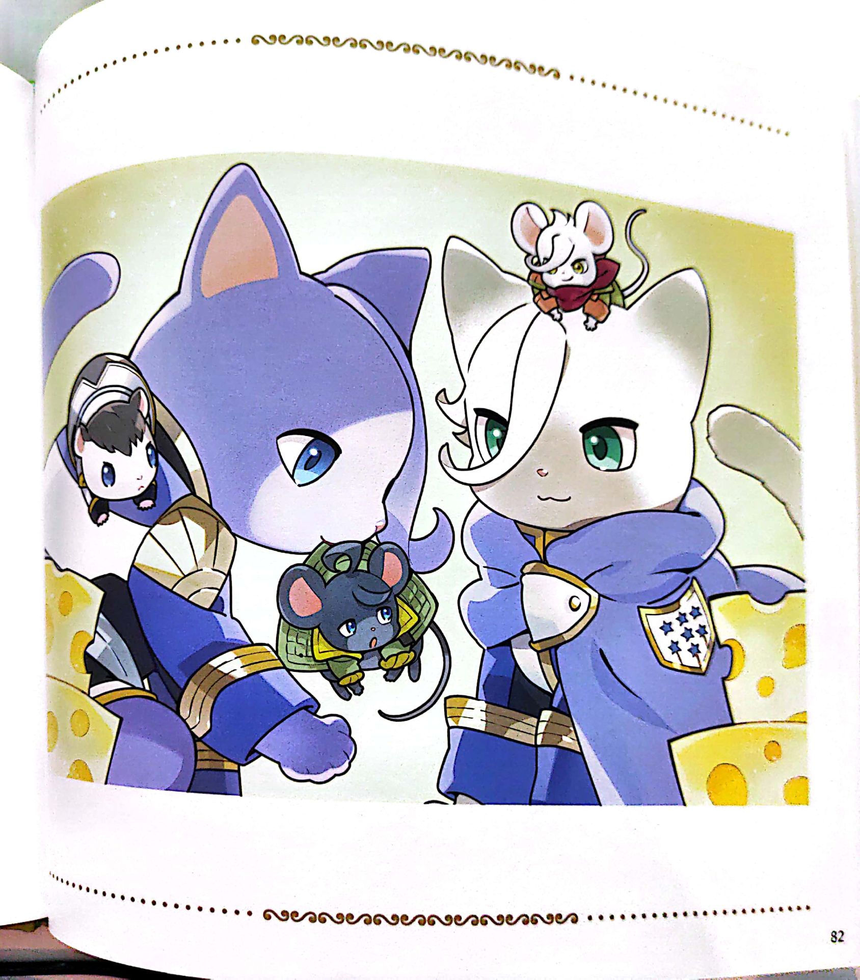 Cat Gaelio playfully holding rat Mikazuki while cat McGillis is watching, rat Orga is sitting on McGilli's head and hamster Ein is stading on Gaelio's shoulder.