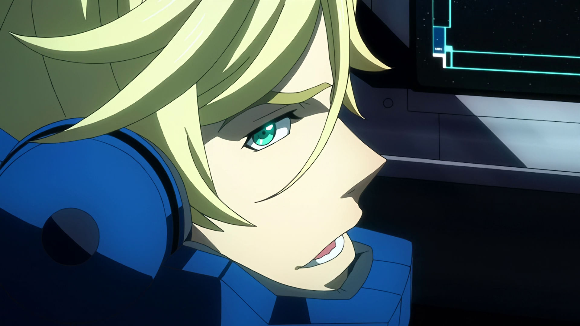 A side-view closeup of McGillis' face, he's wearing a pilot normal suit inside a Mobile Suit cockpit