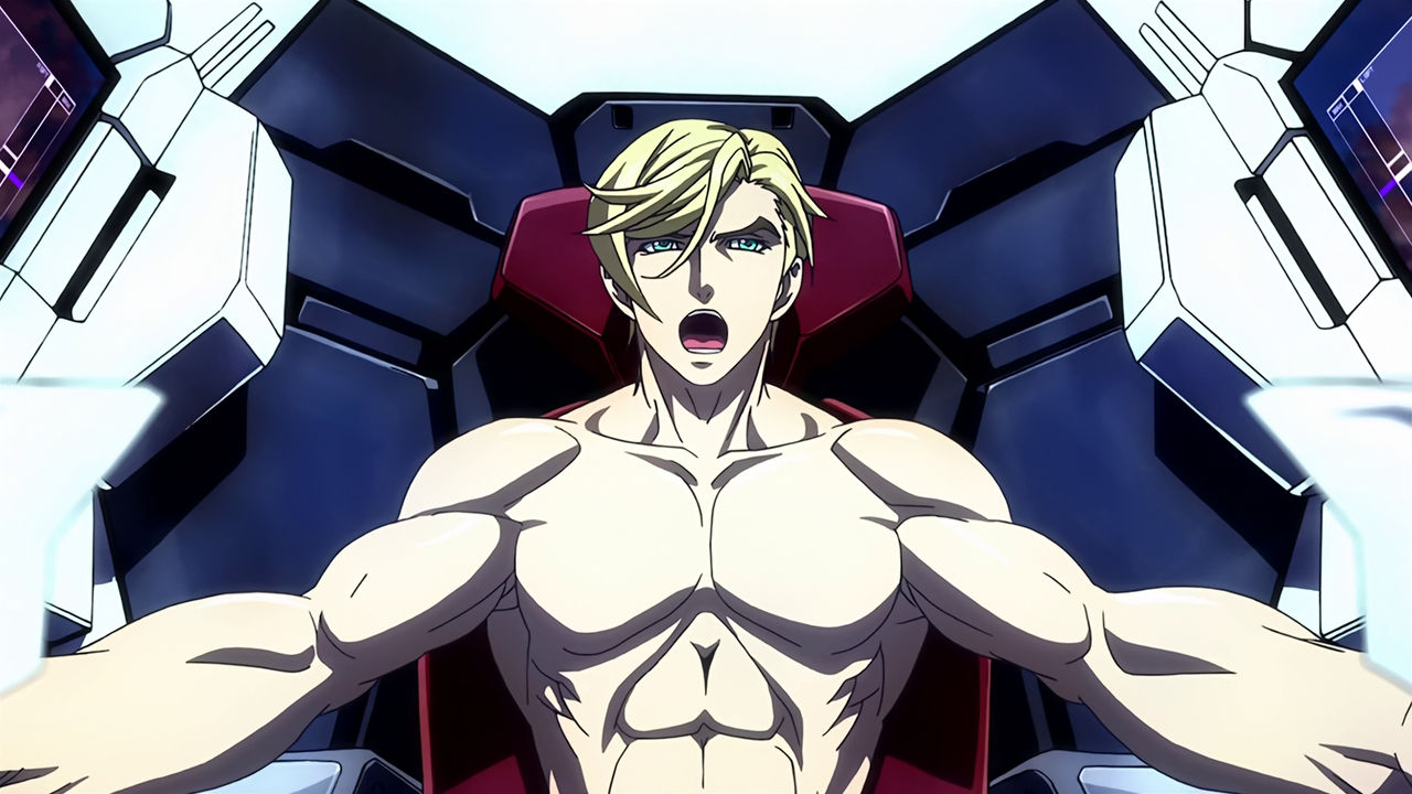 A shirtless McGillis inside the Gundam Bael cockpit, he's screaming