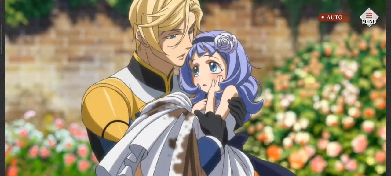 McGillis Fareed holding Almiria on his arms, her white dress is dirty with mud they are standing in front a garden of flowers